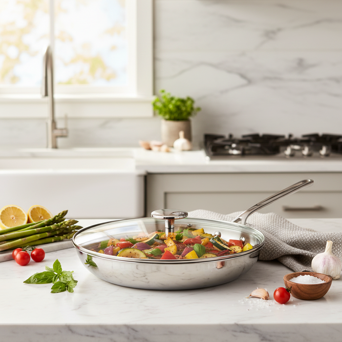 Mauviel 1830 M'360 Tri-Ply Stainless Steel Frying Pan With Glass Lid, Cast Stainless Steel Handle