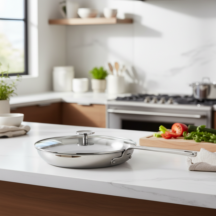 Mauviel 1830 M'360 Tri-Ply Stainless Steel Frying Pan With Glass Lid, Cast Stainless Steel Handle
