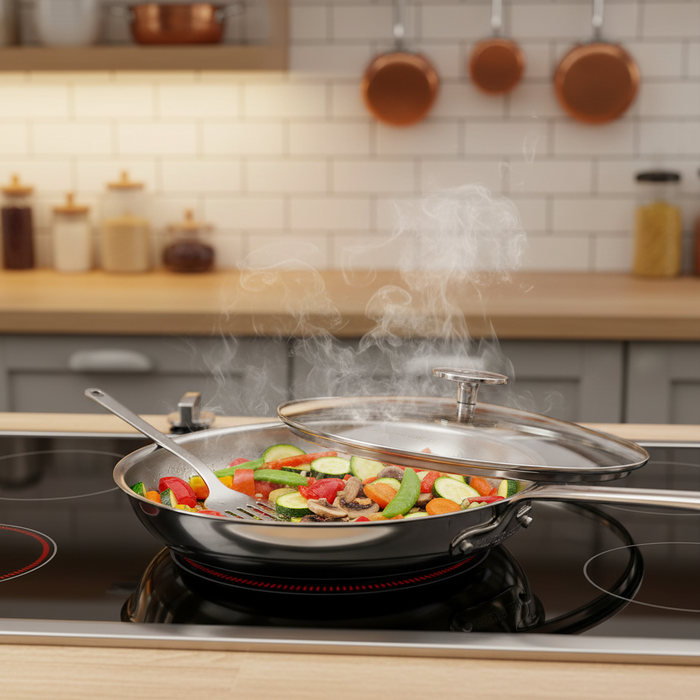Mauviel 1830 M'360 Tri-Ply Stainless Steel Frying Pan With Glass Lid, Cast Stainless Steel Handle