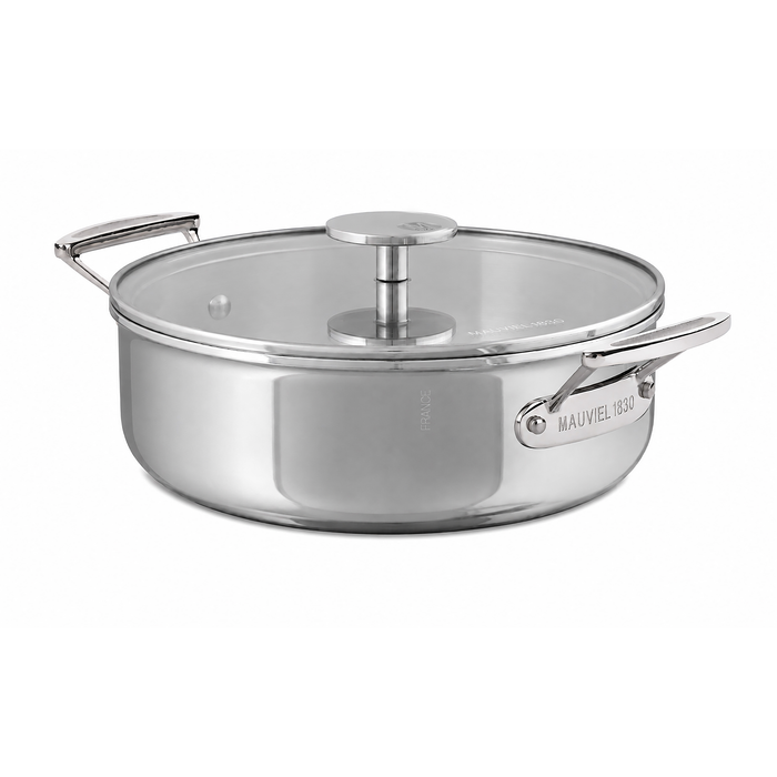 Mauviel 1830 M'360 Tri-Ply Stainless Steel Rondeau With Glass Lid, Cast Stainless Steel Handles, 3.2-Qt