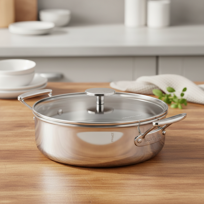 Mauviel 1830 M'360 Tri-Ply Stainless Steel Rondeau With Glass Lid, Cast Stainless Steel Handles, 3.2-Qt