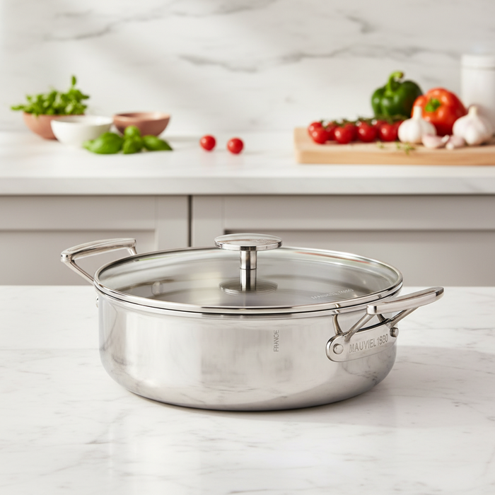 Mauviel 1830 M'360 Tri-Ply Stainless Steel Rondeau With Glass Lid, Cast Stainless Steel Handles, 3.2-Qt
