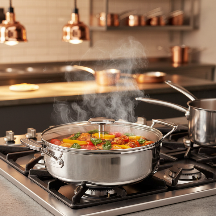 Mauviel 1830 M'360 Tri-Ply Stainless Steel Rondeau With Glass Lid, Cast Stainless Steel Handles, 3.2-Qt