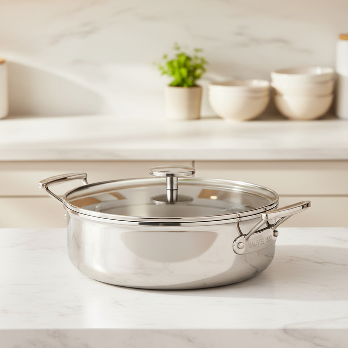 Mauviel 1830 M'360 Tri-Ply Stainless Steel Rondeau With Glass Lid, Cast Stainless Steel Handles, 3.2-Qt