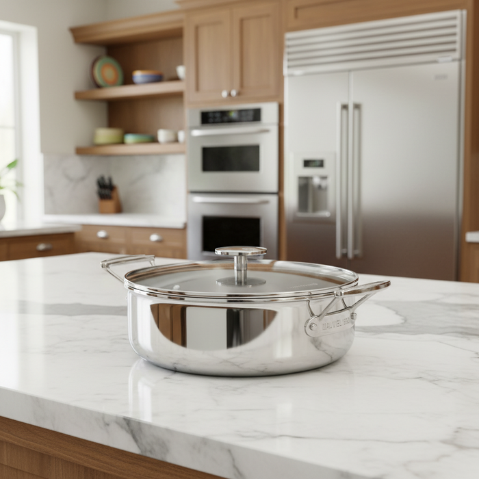Mauviel 1830 M'360 Tri-Ply Stainless Steel Rondeau With Glass Lid, Cast Stainless Steel Handles, 3.2-Qt