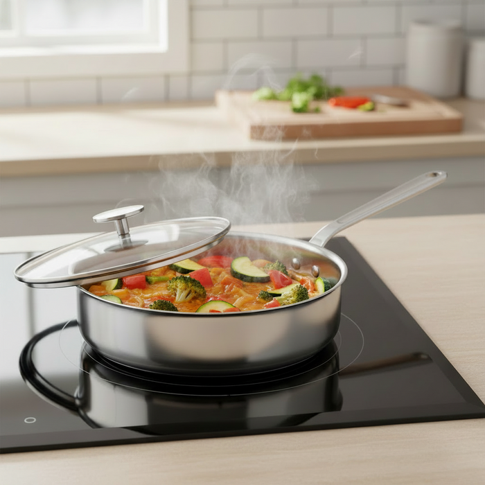 Mauviel 1830 M'360 Tri-Ply Stainless Steel Saute Pan With Glass Lid, Cast Stainless Steel Handle, 3.2-Qt