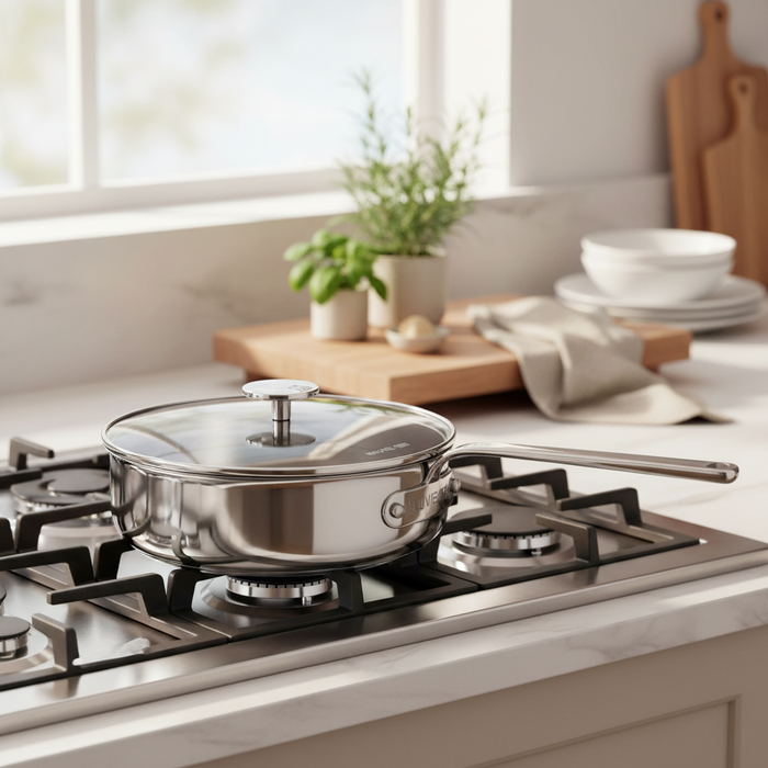 Mauviel 1830 M'360 Tri-Ply Stainless Steel Saute Pan With Glass Lid, Cast Stainless Steel Handle, 3.2-Qt