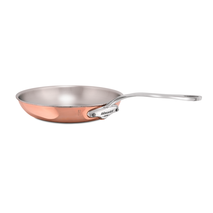 Mauviel M'6 S copper frying pan with cast stainless steel handle, ideal for induction cooking, shown from top view.