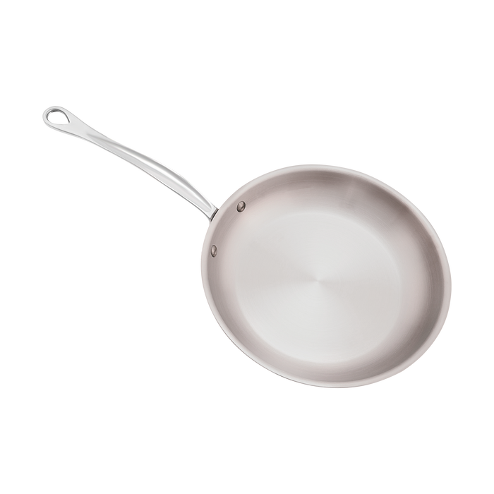Mauviel M'6 S induction copper frying pan with cast stainless steel handle, showcasing its polished copper surface and sturdy handle.