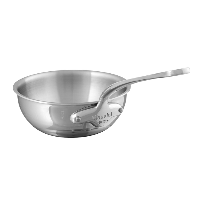 Mauviel M'COOK 5-ply stainless steel chef pan with cast stainless steel handle, shown from top view with a smooth cooking surface.