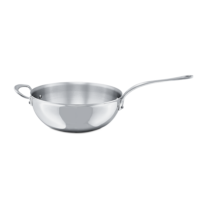 Mauviel M'COOK 5-ply stainless steel chef pan with cast stainless steel handle, perfect for professional cooking.