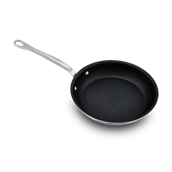 Mauviel M'COOK 5-ply nonstick frying pan with cast stainless steel handle, shown with a smooth cooking surface and sturdy handle.