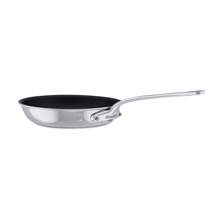 Mauviel M'COOK 5-ply nonstick frying pan with cast stainless steel handle, shown from top view with nonstick surface.
