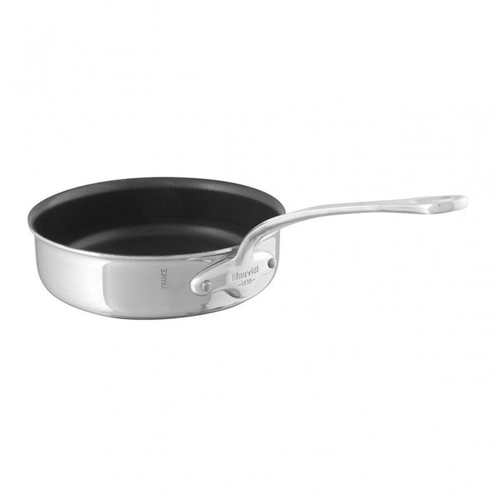 Mauviel M'COOK 5-ply nonstick saute pan with cast stainless steel handle, shown with a smooth, nonstick interior and polished exterior.