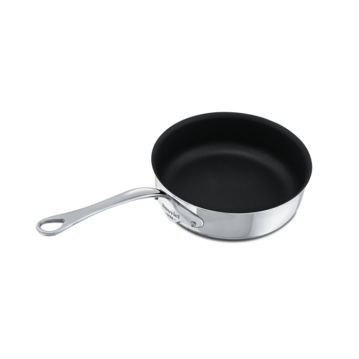 Mauviel M'COOK 5-ply nonstick saute pan with cast stainless steel handle, shown from top view with nonstick interior and sleek exterior.