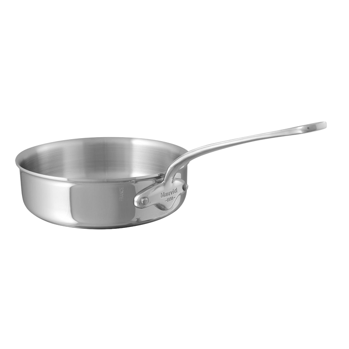 Mauviel M'COOK 5-ply stainless steel saute pan with cast stainless steel handle, shown with a shiny, durable cooking surface.