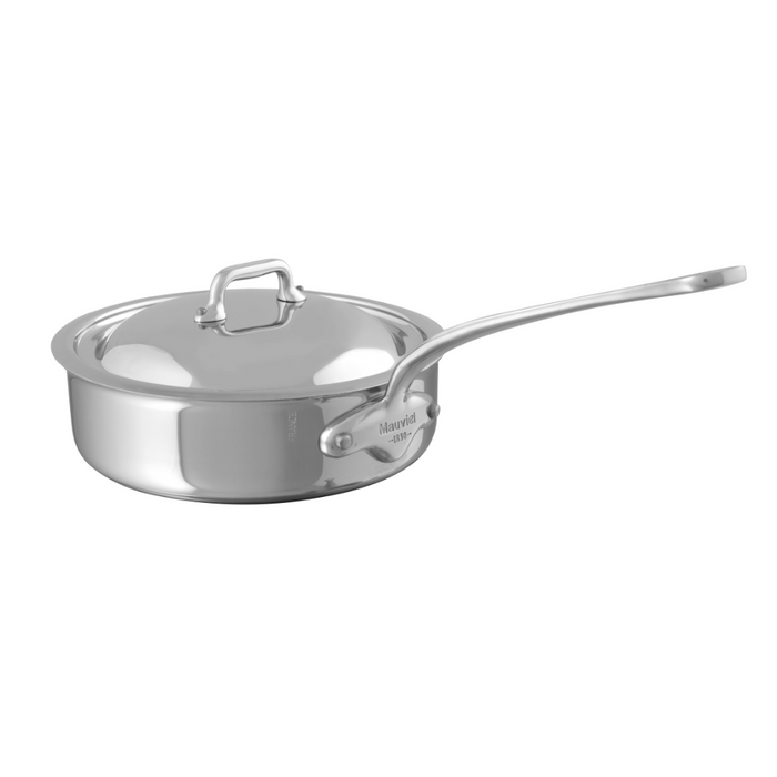 Mauviel M'COOK 5-ply stainless steel sauté pan with lid and cast stainless steel handle, ideal for versatile cooking.
