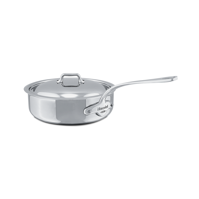 Mauviel M'COOK 5-ply stainless steel sauté pan with lid and cast stainless steel handle, shown from a top view.
