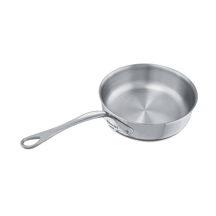 Mauviel M'COOK 5-Ply stainless steel sauté pan with lid and cast stainless steel handle for professional cooking.