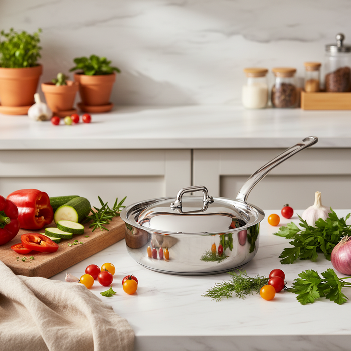 Mauviel M'COOK 5-Ply stainless steel sauté pan with lid and cast stainless steel handle, ideal for versatile cooking.