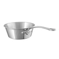 Mauviel M'COOK 5-ply splayed sauté pan with cast stainless steel handle, showing the polished stainless steel exterior and wide cooking surface.