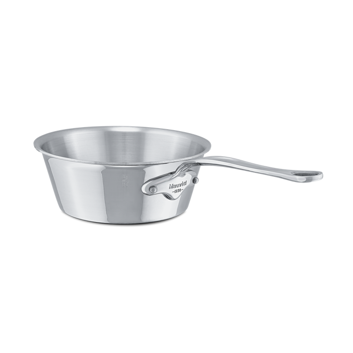Mauviel M'COOK 5-Ply Splayed Saute Pan with cast stainless steel handle, stainless steel interior, and black exterior finish.