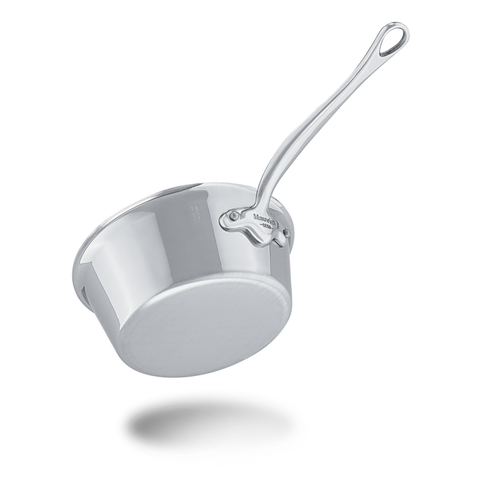 Mauviel M'COOK 5-ply splayed sauté pan with cast stainless steel handle, stainless steel interior and durable construction.