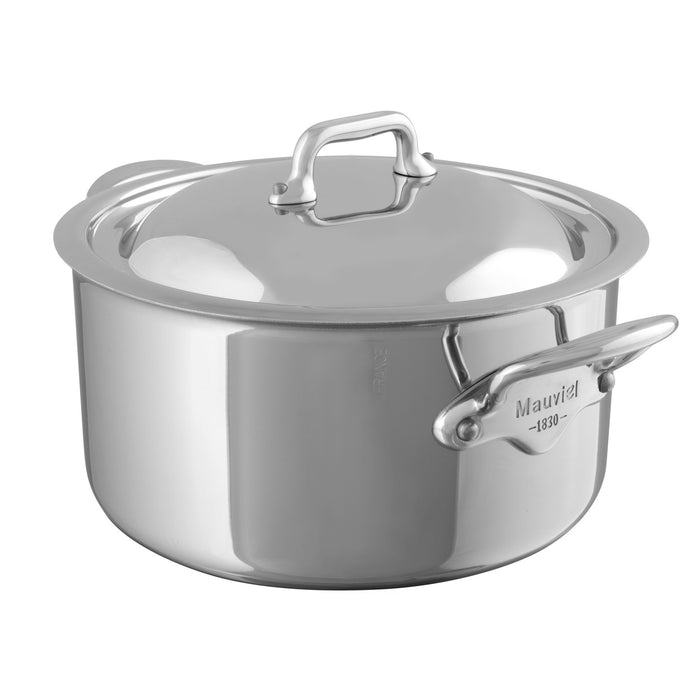 Mauviel M'COOK 5-Ply stainless steel stewpan with lid and cast stainless steel handles, ideal for cooking stews and soups.