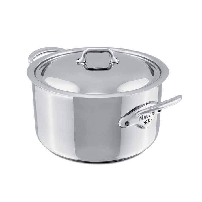 Mauviel M'COOK 5-ply stainless steel stewpan with lid and cast stainless steel handles, suitable for versatile cooking.