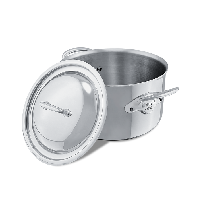 Mauviel M'COOK 5-ply stainless steel stewpan with lid and cast stainless steel handles, ideal for cooking stews and soups.