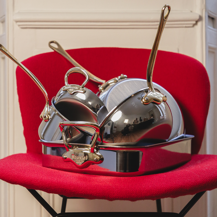 Mauviel M'COOK 5-Ply Stewpan with Brass Handles and Lid, durable stainless steel stockpot for cooking.