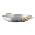 Mauviel M'COOK 5-Ply round gratin pan with brass handles, stainless steel frying pan for versatile cooking and browning.