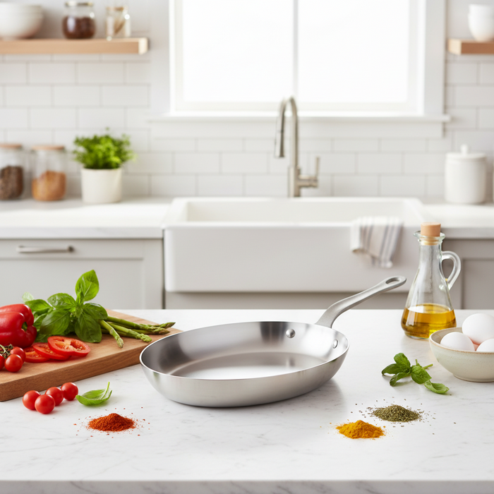 Mauviel M'Cook SB 5-Ply oval frying pan with brushed stainless steel handle, 13.5 x 9.1 inches, stainless steel cookware
