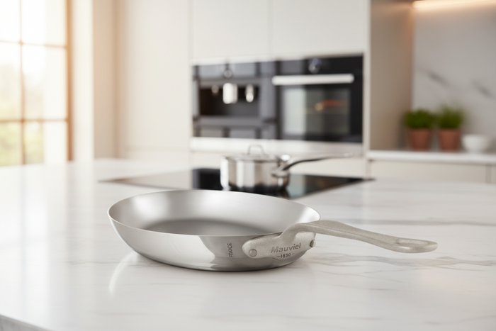 Mauviel M'Cook SB 5-Ply oval frying pan with brushed cast stainless steel handle, 13.5 x 9.1 inches, stainless steel cookware