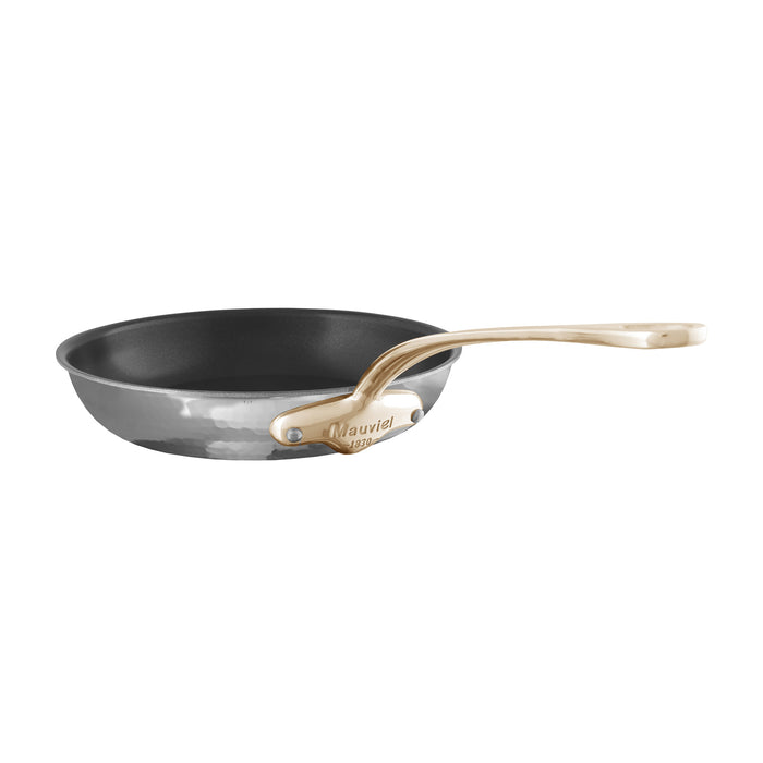 Mauviel M'ELITE B hammered 5-ply nonstick frying pan with brass handle, stainless steel interior and durable cookware design