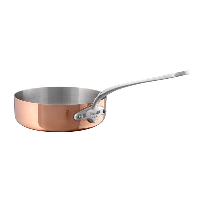 Mauviel M'Heritage M'150 S copper saute pan with cast stainless steel handle, showcasing its shiny copper surface and sturdy handle.