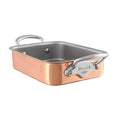 Mauviel M'MINIS copper roasting pan with stainless steel handles, 7.1 x 5.5 inches, ideal for roasting and baking.