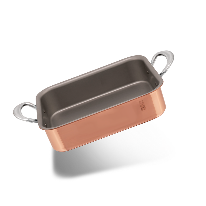 Mauviel M'MINIS copper roasting pan with stainless steel handles, 7.1 x 5.5 inches, ideal for oven roasting and browning.