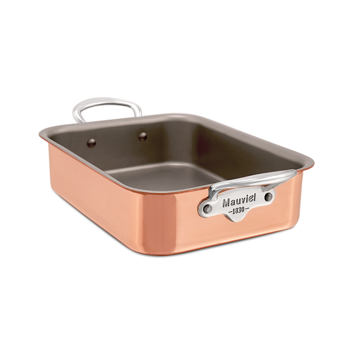 Mauviel M'MINIS copper roasting pan with stainless steel handles, measuring 7.1 x 5.5 inches, ideal for oven roasting.