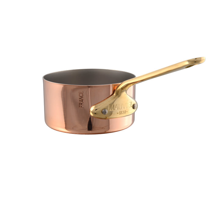 Mauviel M'MINIS copper sauce pan with brass handles, 3.5-inch diameter, showcasing polished copper surface and sturdy handles