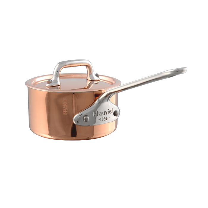 Mauviel M'MINIS copper sauce pan with lid, stainless steel handles, 0.32-quart size, ideal for small sauces and cooking.