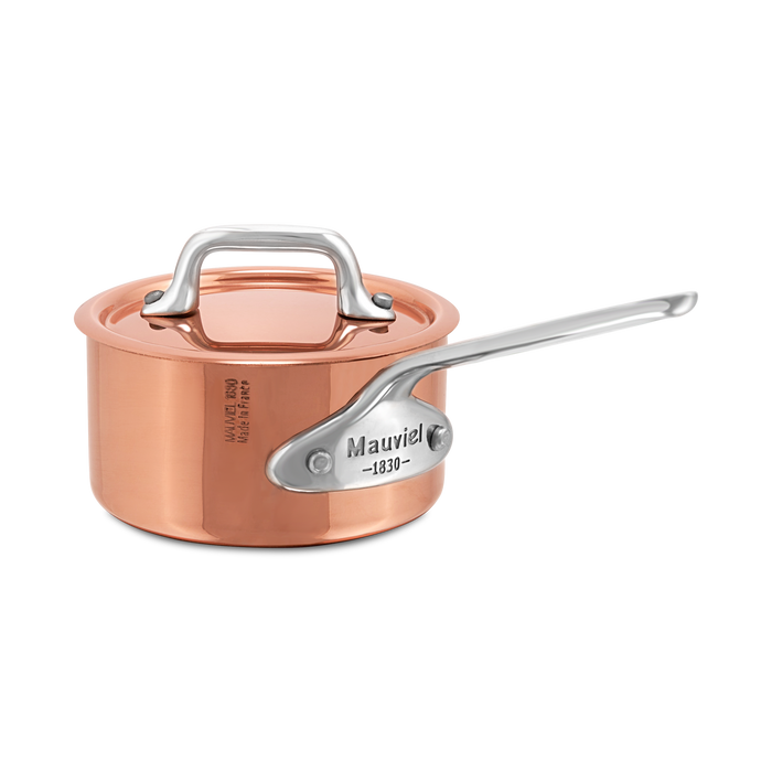 Mauviel M'MINIS copper sauce pan with lid, stainless steel handles, 0.32-quart capacity, ideal for small cooking tasks