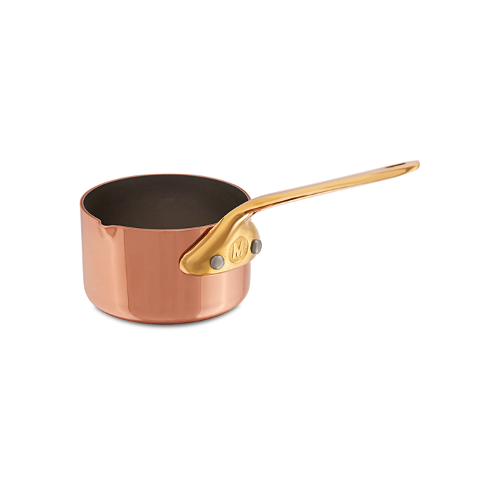 Mauviel M'MINIS copper sauce pan with brass handle and pouring spout, 2.7-inch diameter, ideal for sauces and small cooking tasks