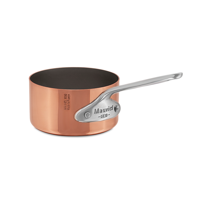 Mauviel M'MINIS copper sauce pan with stainless steel handle, 0.32-quart capacity, ideal for precise cooking and sauce preparation.
