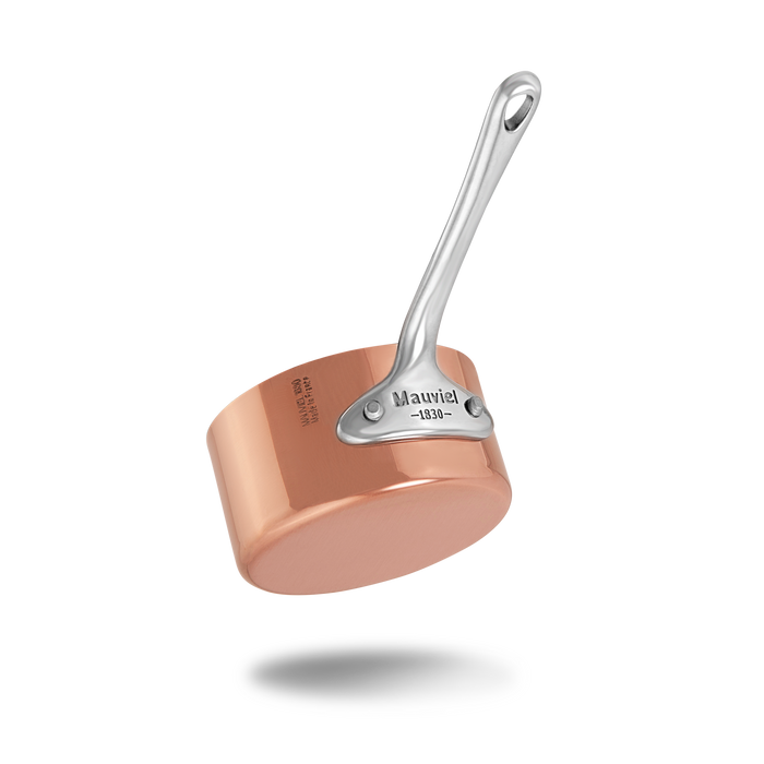 Mauviel M'MINIS copper sauce pan with stainless steel handle, 0.32-quart capacity, ideal for small sauces and precise heating.