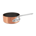 Mauviel M'MINIS copper saute pan with stainless steel handle, 0.11-quart capacity, showcasing a shiny copper surface and sturdy handle.