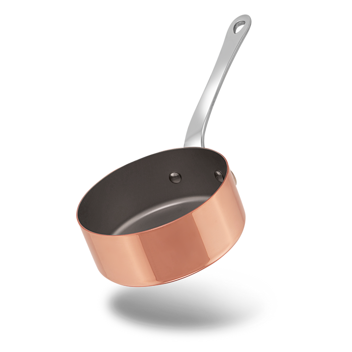 Mauviel M'MINIS 0.11-quart copper saute pan with stainless steel handle, ideal for small cooking tasks