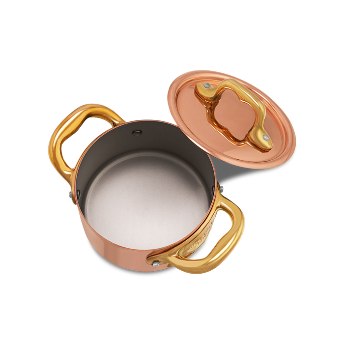 Mauviel M'MINIS Copper Stew Pan With Lid, Brass Handles, 0.34-Quart - Mauviel1830