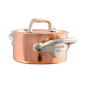 Mauviel M'MINIS copper stewpan with stainless steel handles, 0.34-quart, showcasing its polished copper surface and sturdy handles.