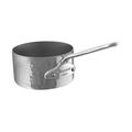 Mauviel M'MINIS hammered 5-ply stainless steel sauce pan with cast stainless steel handles, 0.4-quart capacity.